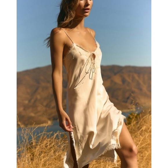 Zara Dresses & Skirts - ZARA Lace Trim Slip Dress Cream Satin Cami Midi XS